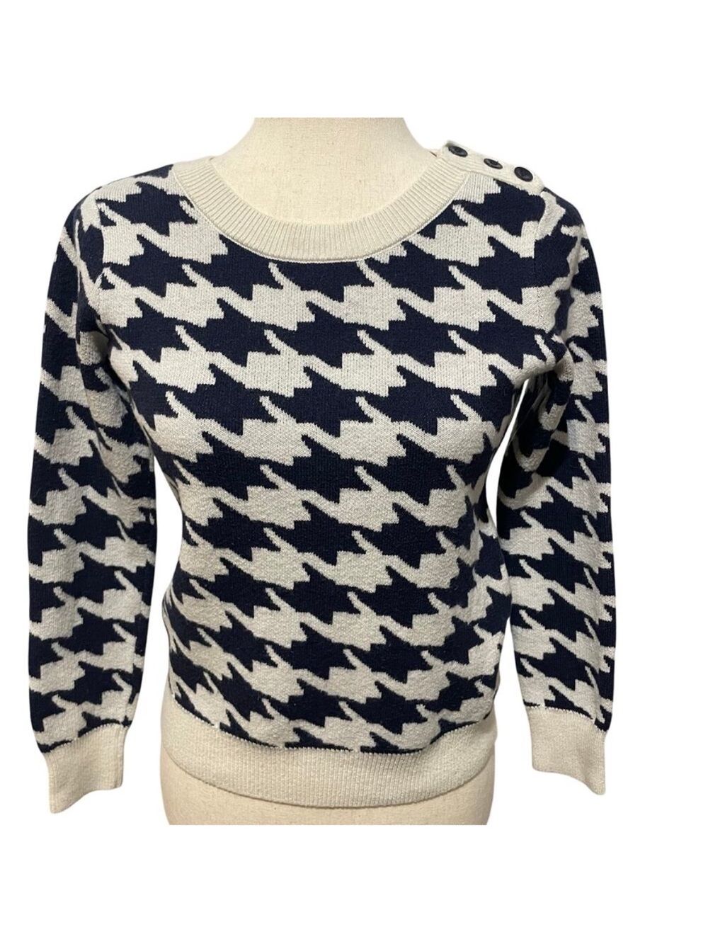 GAP Women's Houndstooth Sweater Preppy Pullover Buttons Petite sz S Navy Cream